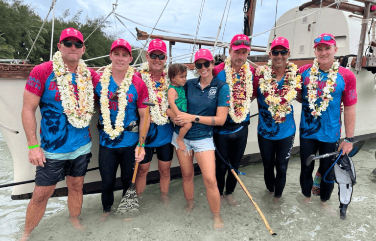It was an emotional moment for Dennes Boys from Cairns, Australia, winning the top spot in the Vaka Eiva Open Men’s V6 12 km race. The team entered the event in the memory of their friend Denne Bourke who tragically went missing in May last year while paddling between islands in the Torres Strait. Bourke’s partner Georgia Langdon and their son is pictured in the middle with Dennes Boys. SERENA HUNTER/24112604