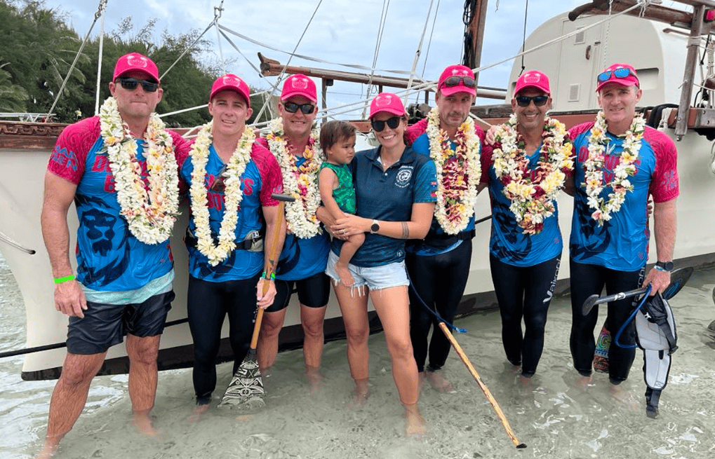 It was an emotional moment for Dennes Boys from Cairns, Australia, winning the top spot in the Vaka Eiva Open Men’s V6 12 km race. The team entered the event in the memory of their friend Denne Bourke who tragically went missing in May last year while paddling between islands in the Torres Strait. Bourke’s partner Georgia Langdon and their son is pictured in the middle with Dennes Boys. SERENA HUNTER/24112604