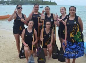 These junior girls from Aotearoa New Zealand won their race in the Vaka Eiva Junior Sprints held at Muri beach. MELINA ETCHES/24112610