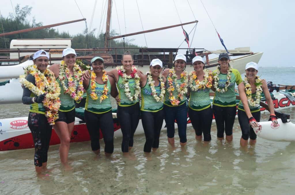 Local crew Te Tupu O Te Manava ladies crossed the finish line in second place. From left: Tina Vogel, Geni Walters, Lotu Sofia Vea, Noovai Tylor, Paulina Beddoes, Serena Hunter, Tamsyn Dearlove, Nicole Spurle Fisher, and Kelly Pick. MELINA ETCHES/24112917