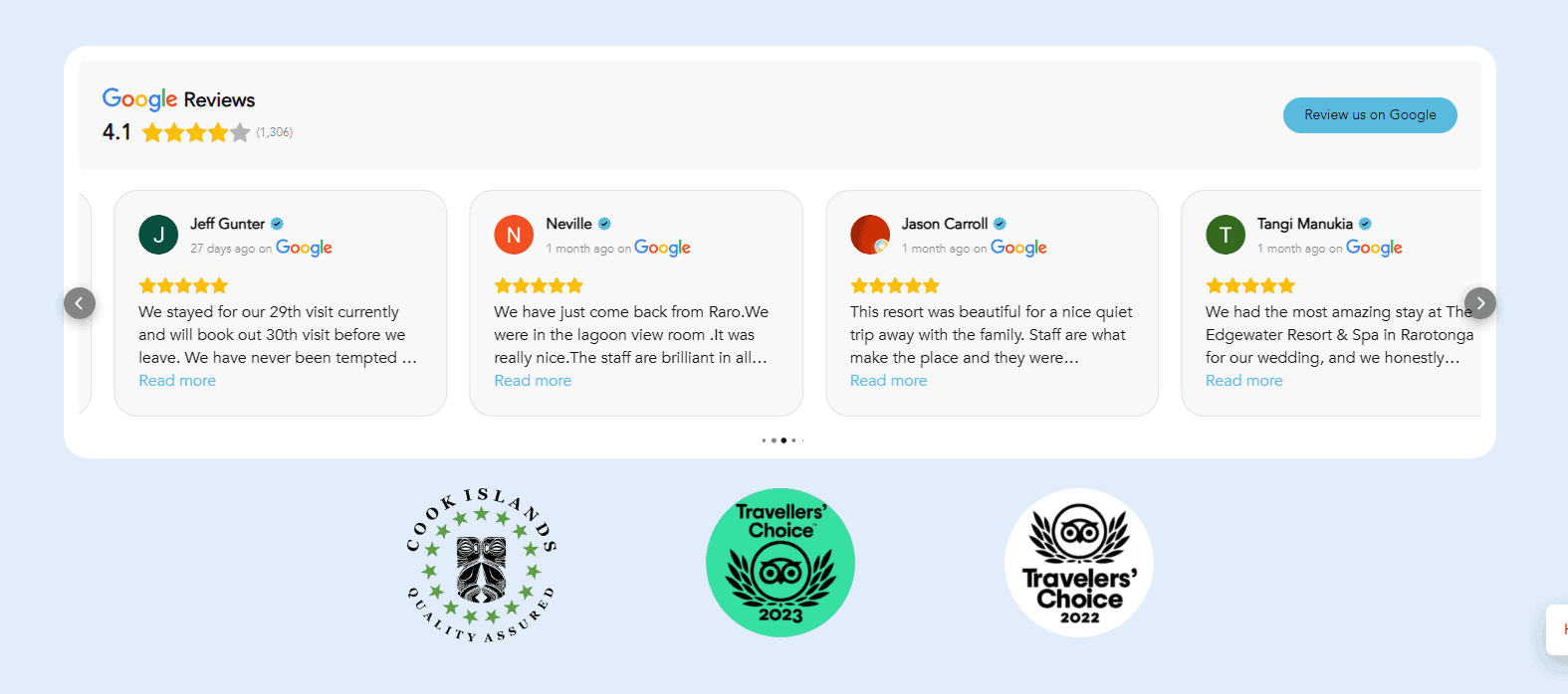 Google reviews for The Edgewater Resort & Spa — rated 4.1 from 1,306 reviews, with Tripadvisor Travellers’ Choice 2022 and 2023 and Cook Islands Quality Assured badges